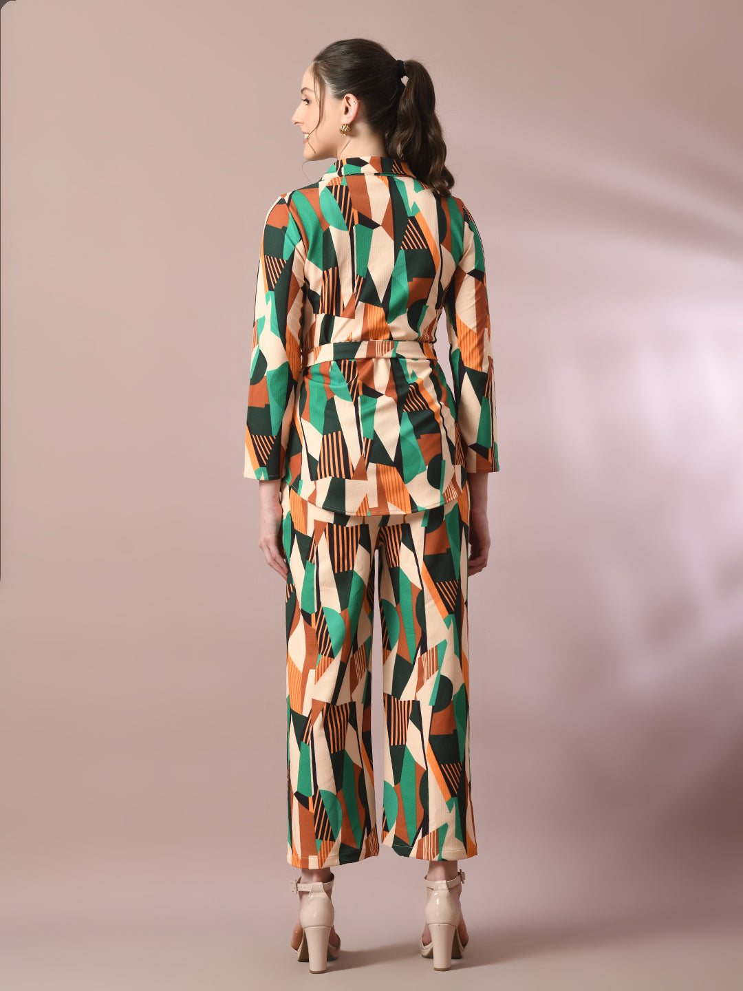Women's  Multi Printed Polo Collar Party Top With Trousers Co-Ord Set