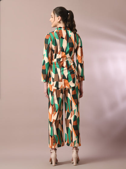Women's  Multi Printed Polo Collar Party Top With Trousers Co-Ord Set