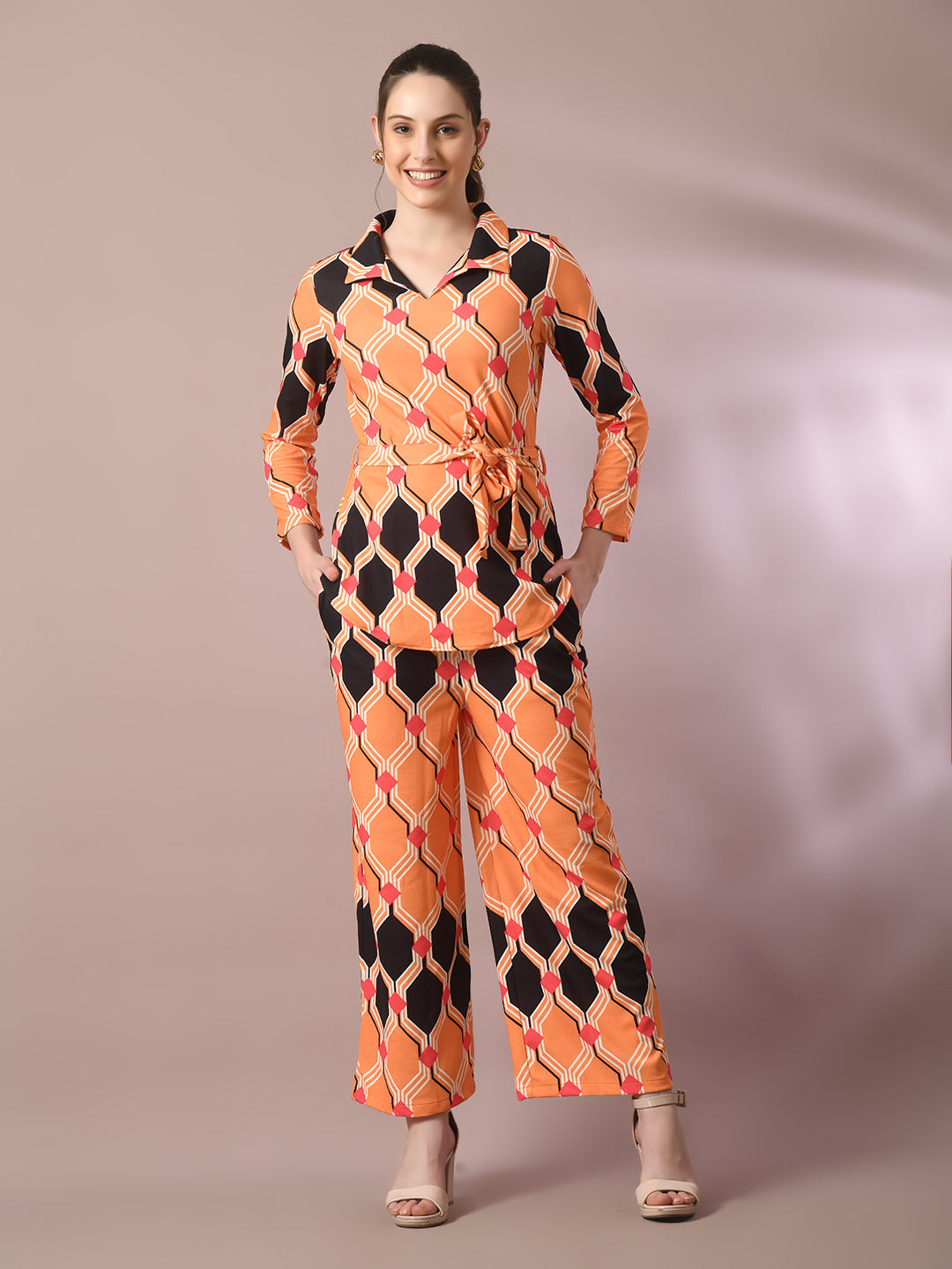 Women's  Multi Printed Polo Collar Party Top With Trousers Co-Ord Set
