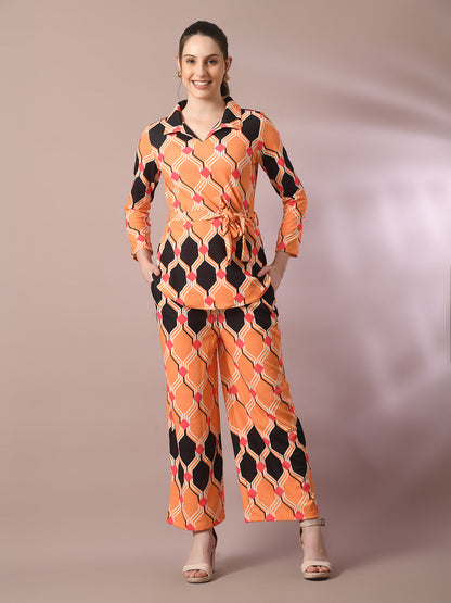 Women's  Multi Printed Polo Collar Party Top With Trousers Co-Ord Set
