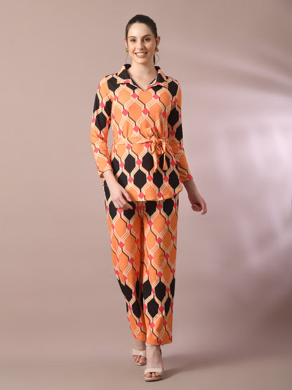 Women's  Multi Printed Polo Collar Party Top With Trousers Co-Ord Set