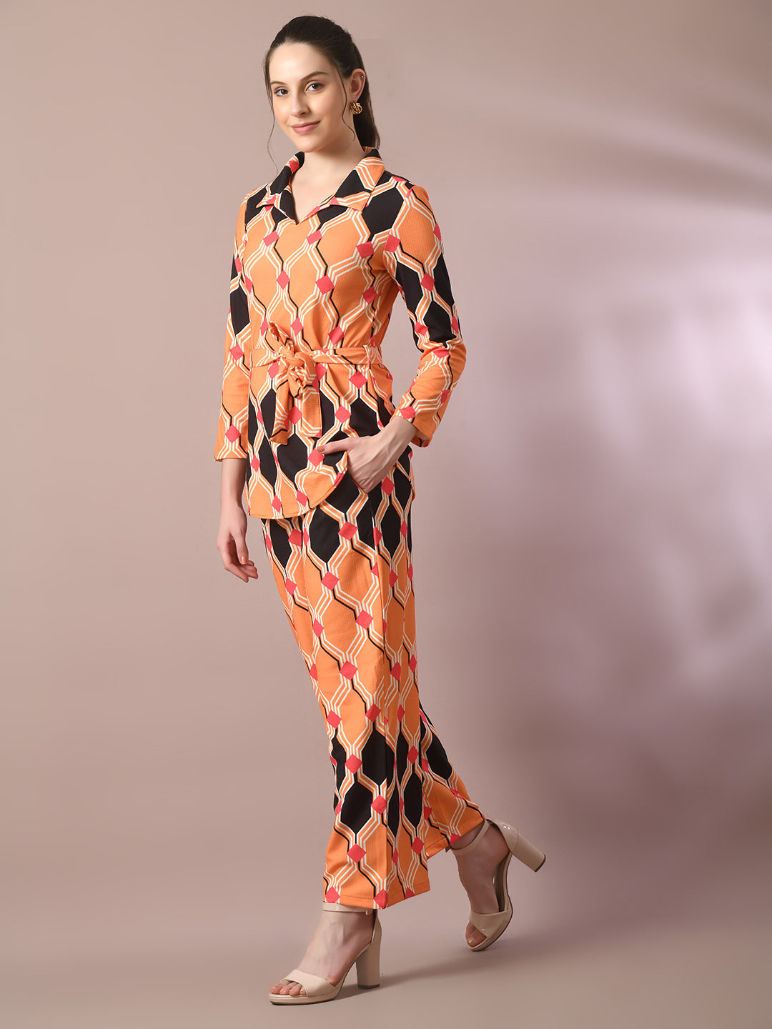 Women's  Multi Printed Polo Collar Party Top With Trousers Co-Ord Set