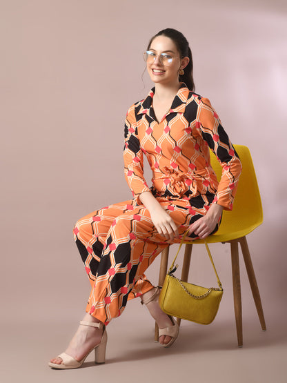 Women's  Multi Printed Polo Collar Party Top With Trousers Co-Ord Set