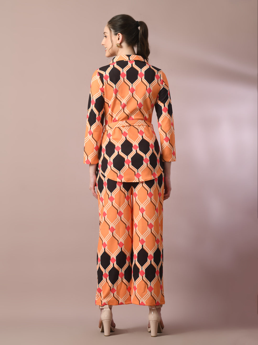Women's  Multi Printed Polo Collar Party Top With Trousers Co-Ord Set
