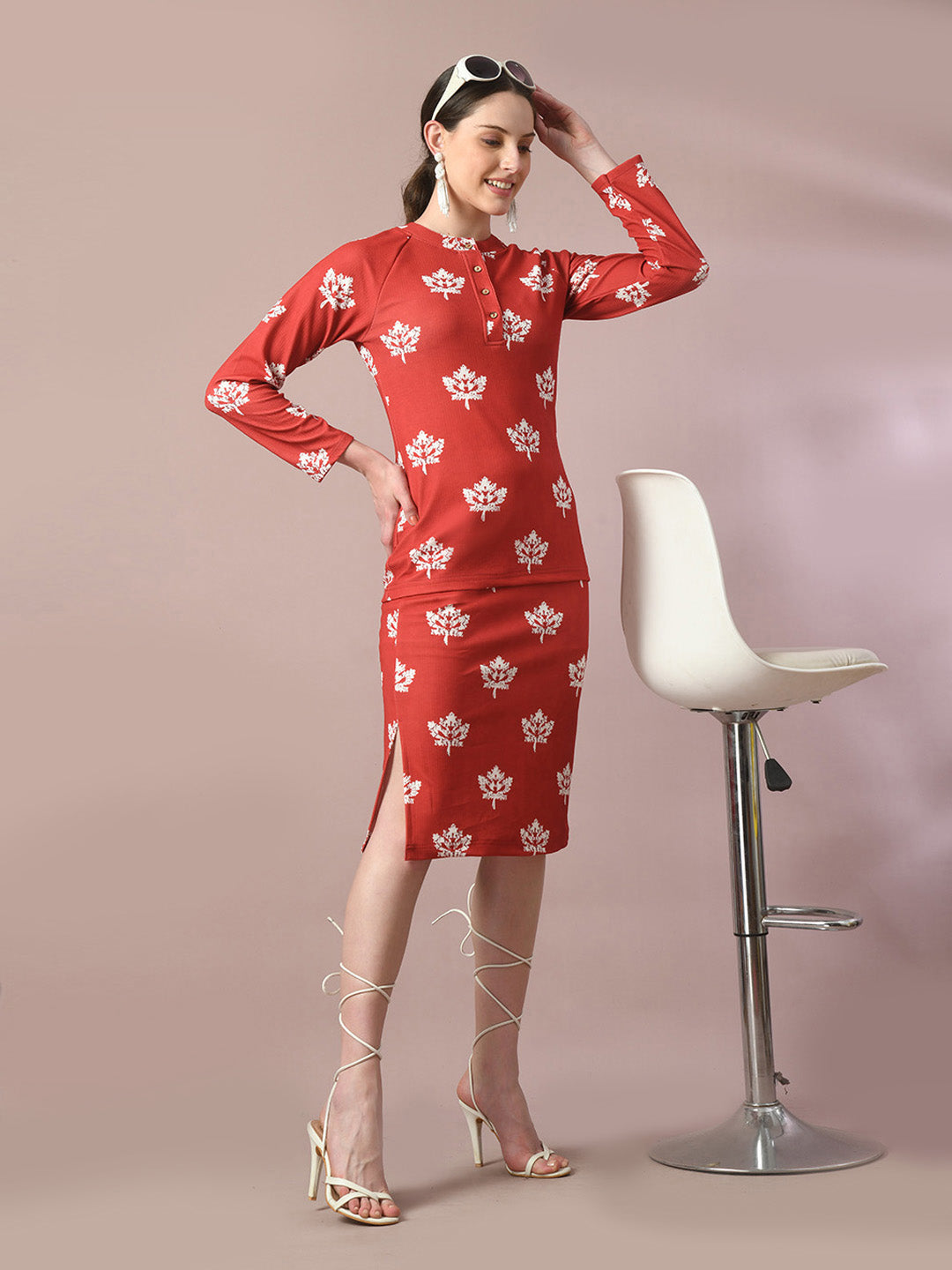 Women's  Rust Printed Round Neck Party Top With Skirt Co-Ord Set