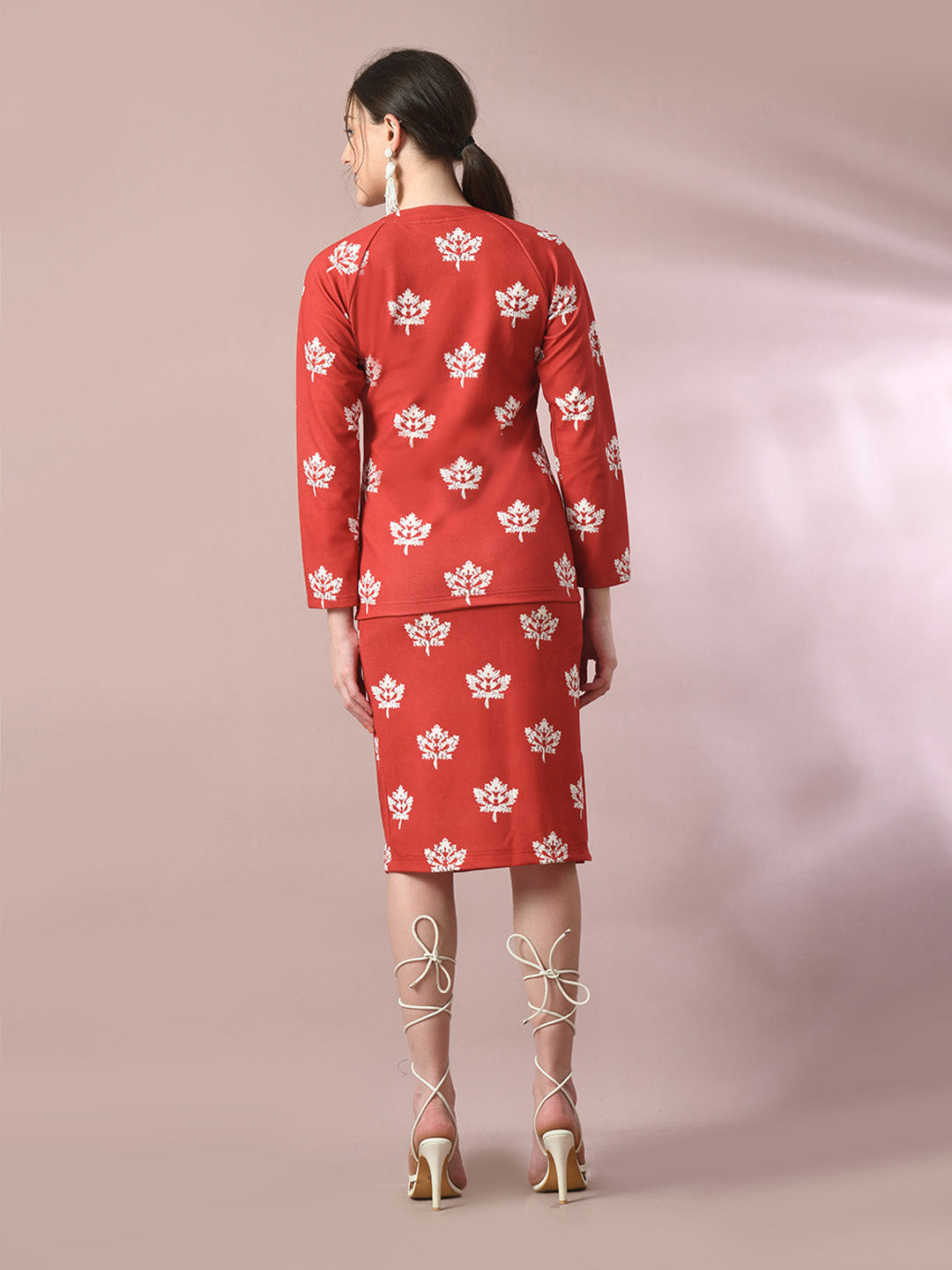 Women's  Rust Printed Round Neck Party Top With Skirt Co-Ord Set