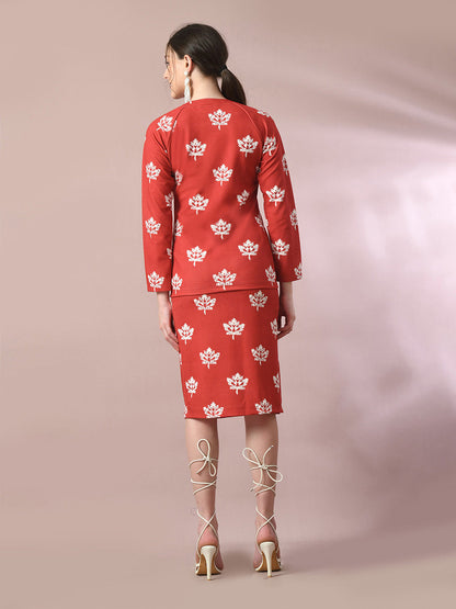Women's  Rust Printed Round Neck Party Top With Skirt Co-Ord Set