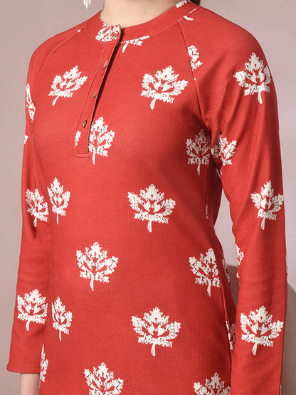 Women's  Rust Printed Round Neck Party Top With Skirt Co-Ord Set