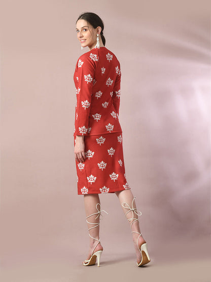 Women's  Rust Printed Round Neck Party Top With Skirt Co-Ord Set