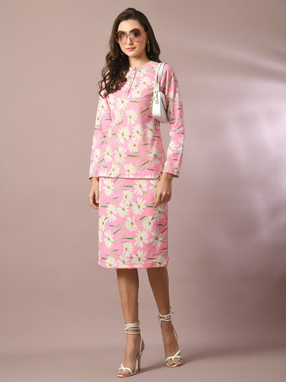 Women's  Pink Printed Round Neck Party Top With Skirt Co-Ord Set