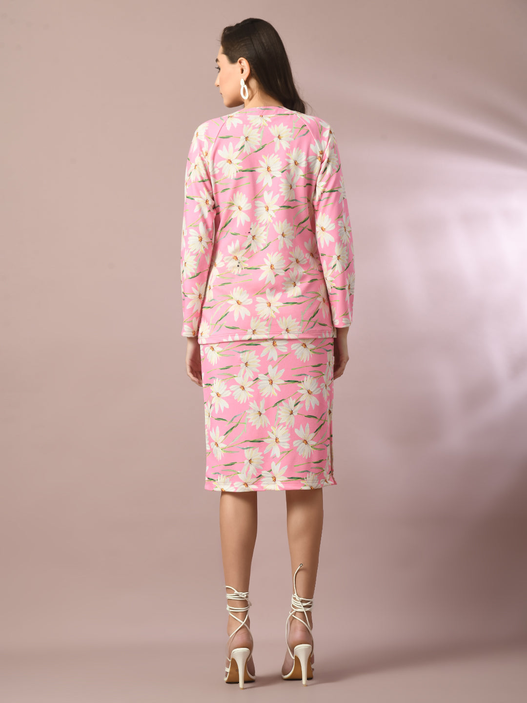 Women's  Pink Printed Round Neck Party Top With Skirt Co-Ord Set