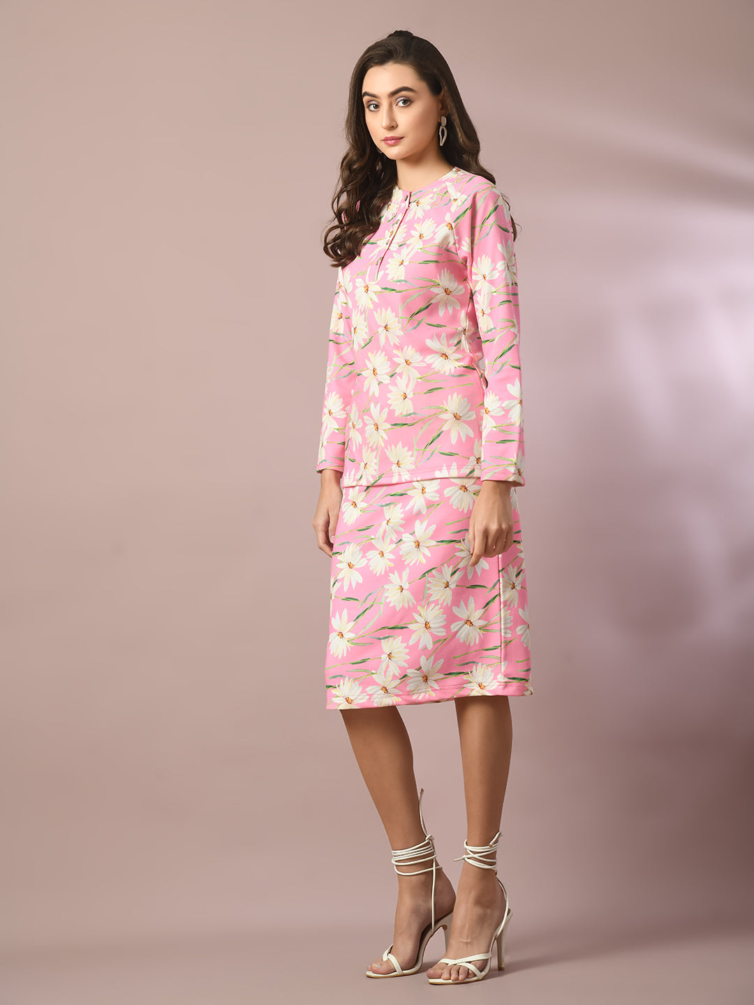 Women's  Pink Printed Round Neck Party Top With Skirt Co-Ord Set