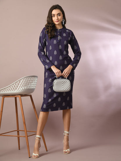 Women's  Navy Blue Printed Round Neck Party Top With Skirt Co-Ord Set