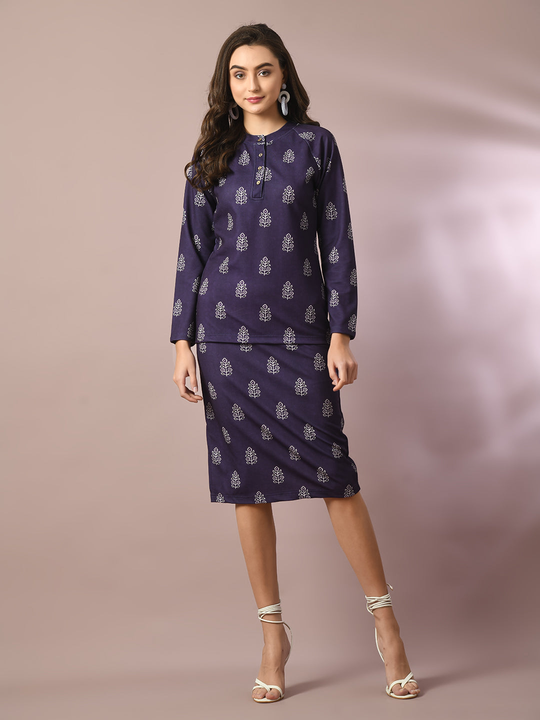 Women's  Navy Blue Printed Round Neck Party Top With Skirt Co-Ord Set