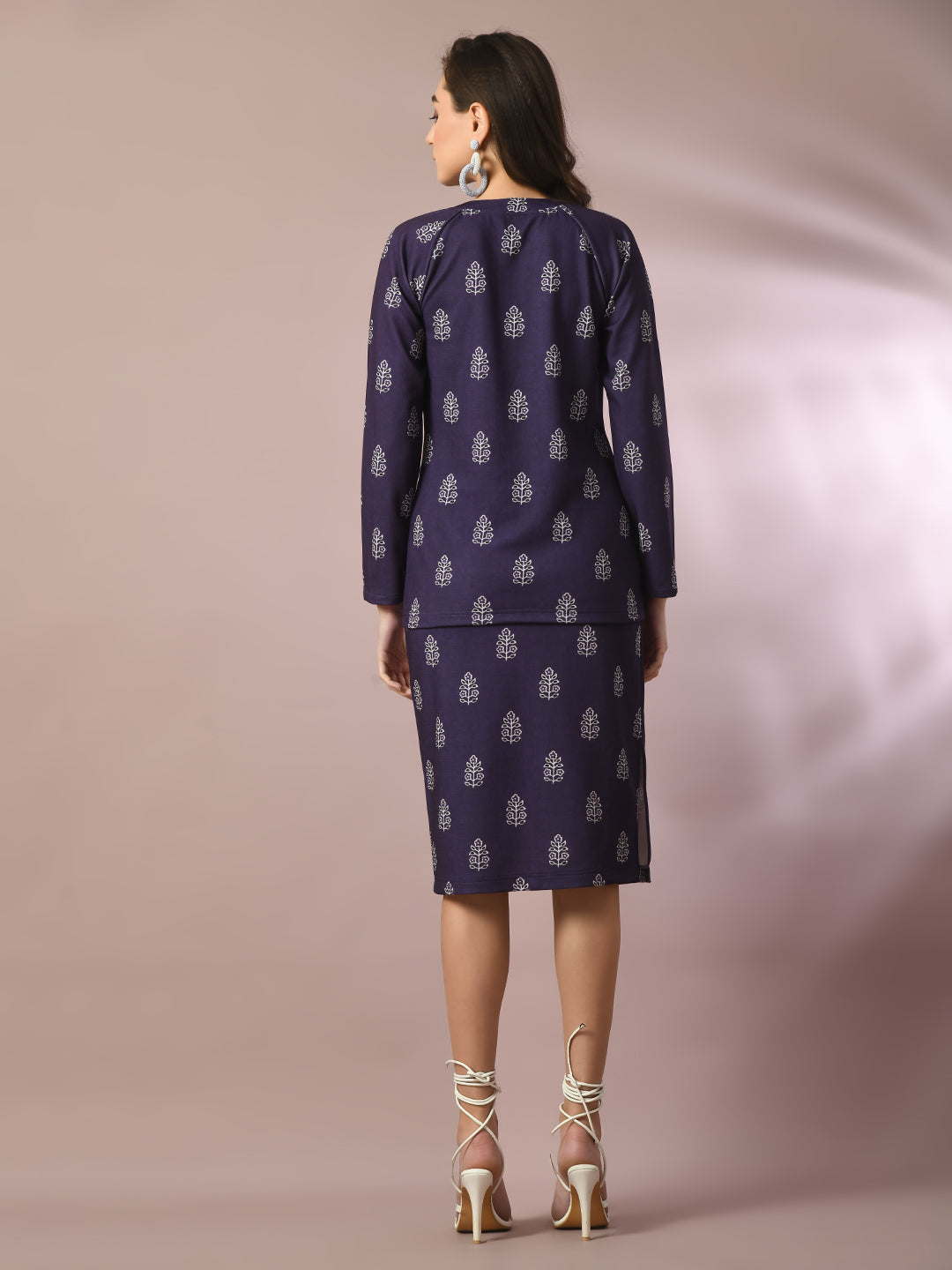 Women's  Navy Blue Printed Round Neck Party Top With Skirt Co-Ord Set