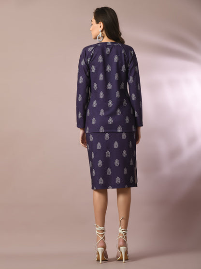 Women's  Navy Blue Printed Round Neck Party Top With Skirt Co-Ord Set