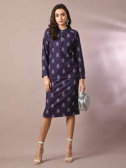 Women's  Navy Blue Printed Round Neck Party Top With Skirt Co-Ord Set