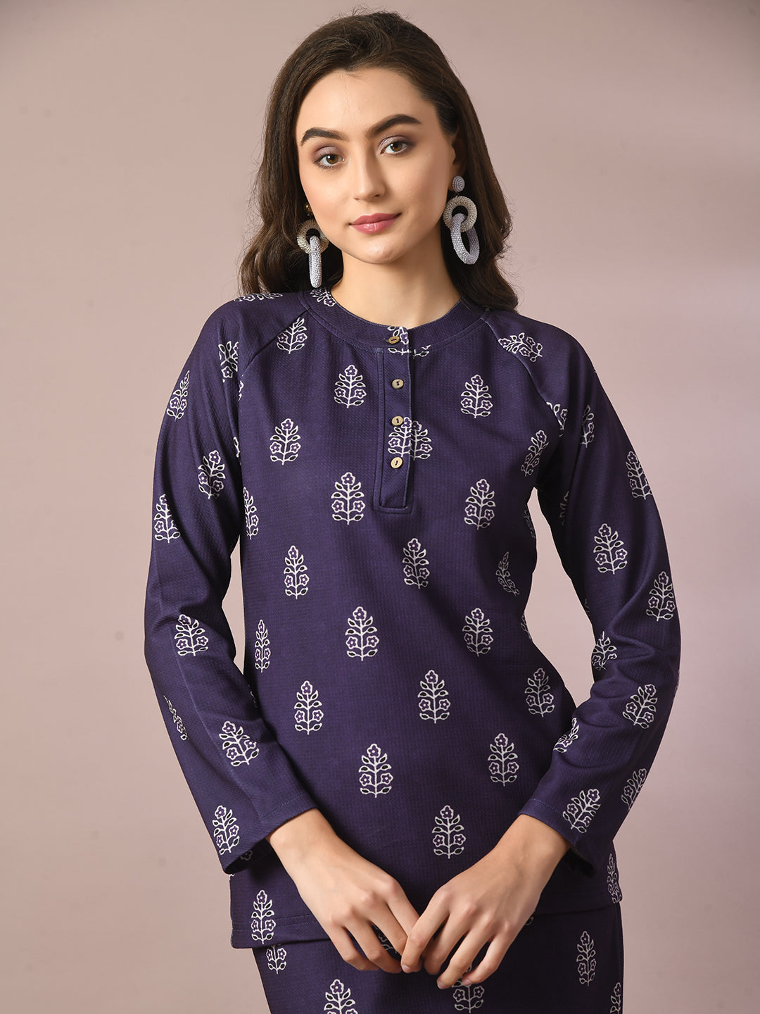 Women's  Navy Blue Printed Round Neck Party Top With Skirt Co-Ord Set
