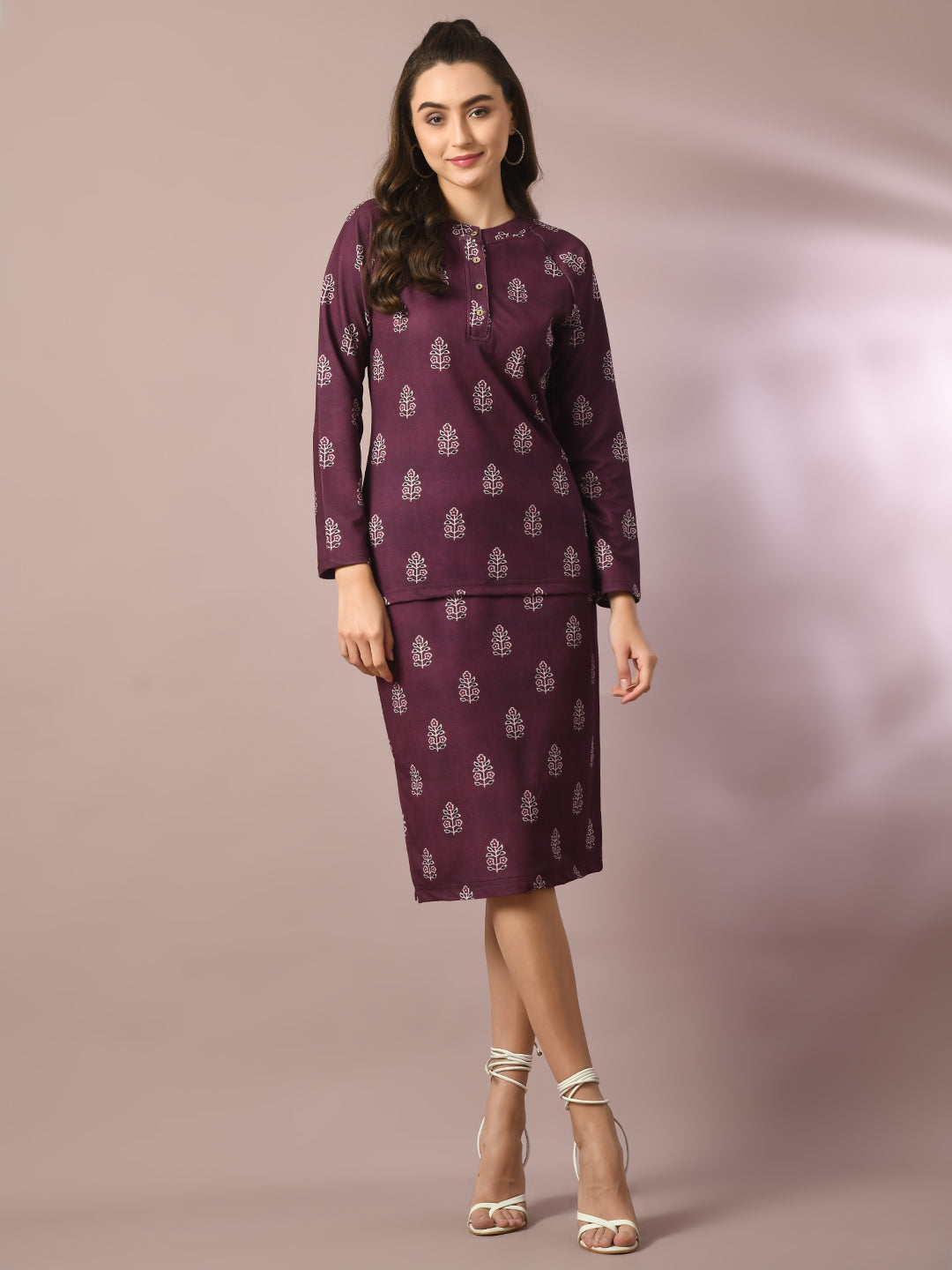 Women's  Magenta Printed Round Neck Party Top With Skirt Co-Ord Set