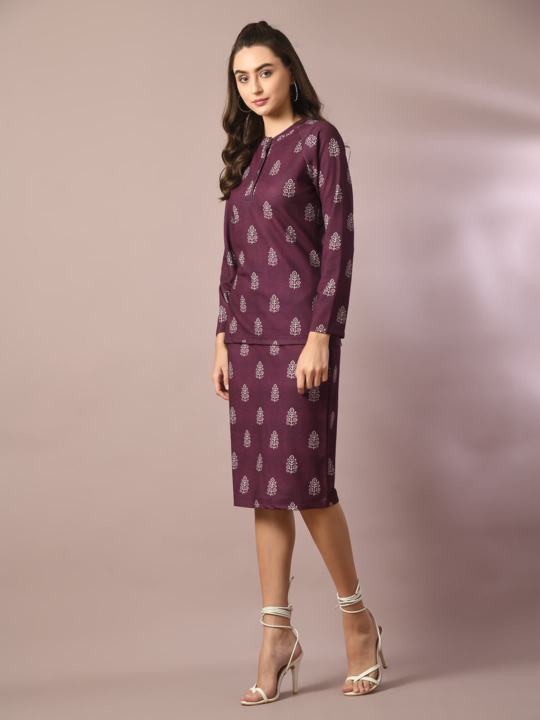 Women's  Magenta Printed Round Neck Party Top With Skirt Co-Ord Set
