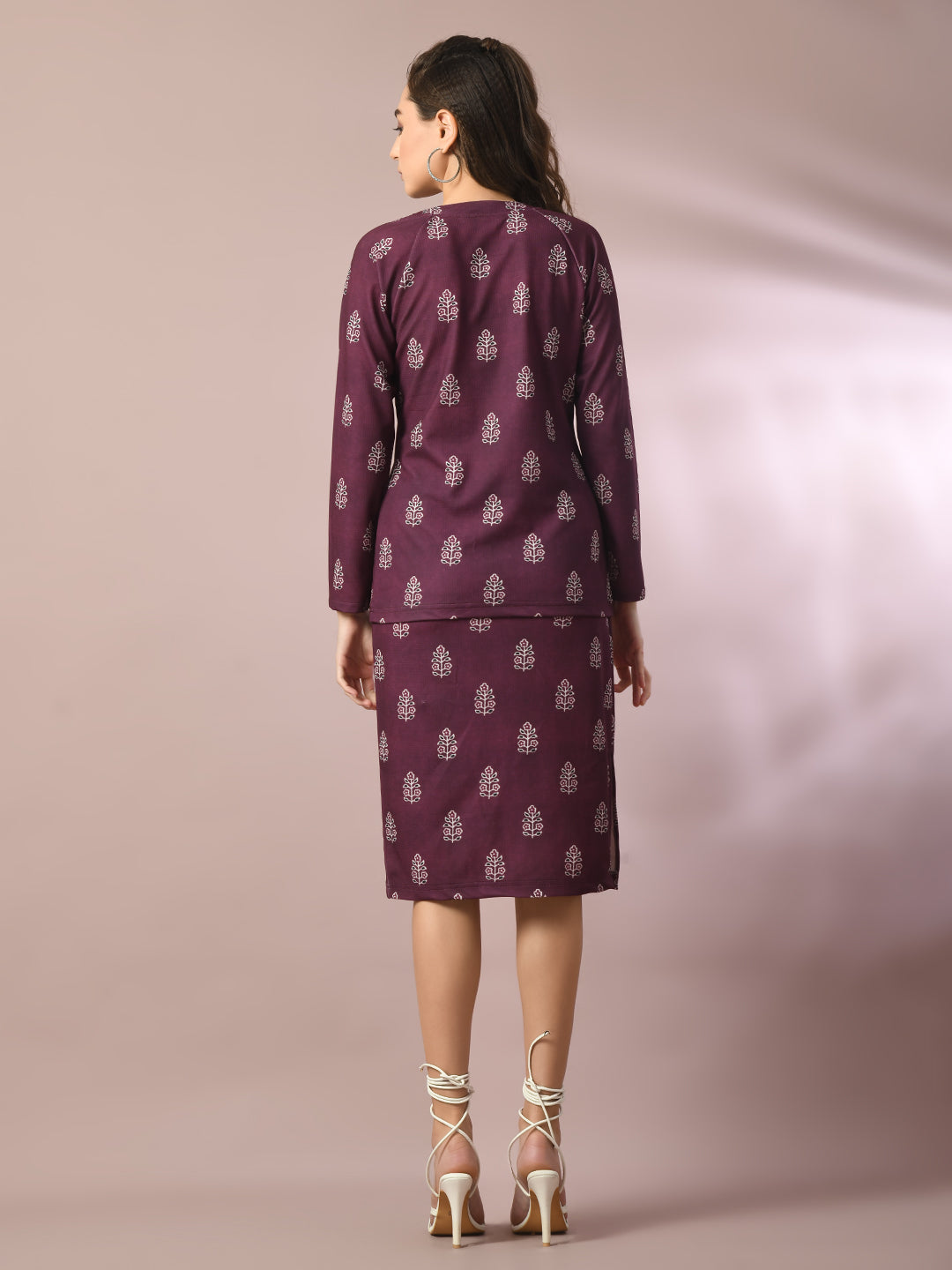 Women's  Magenta Printed Round Neck Party Top With Skirt Co-Ord Set
