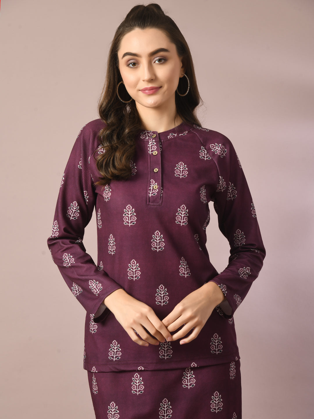 Women's  Magenta Printed Round Neck Party Top With Skirt Co-Ord Set