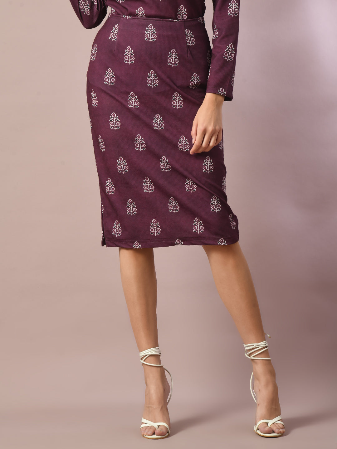 Women's  Magenta Printed Round Neck Party Top With Skirt Co-Ord Set