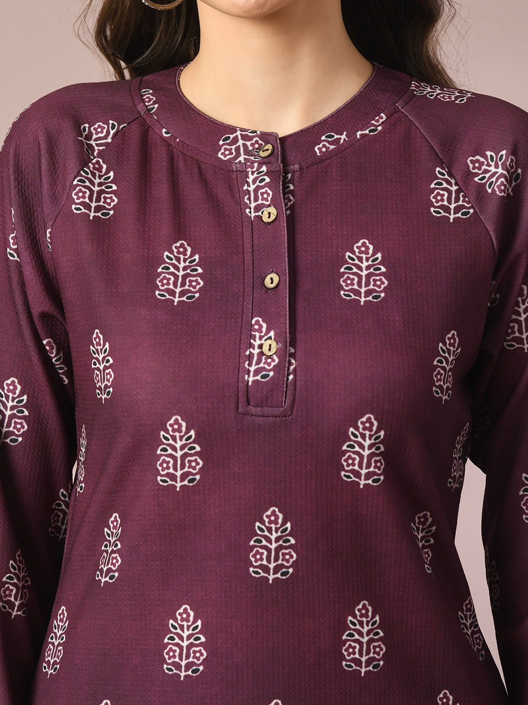 Women's  Magenta Printed Round Neck Party Top With Skirt Co-Ord Set
