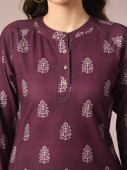 Women's  Magenta Printed Round Neck Party Top With Skirt Co-Ord Set