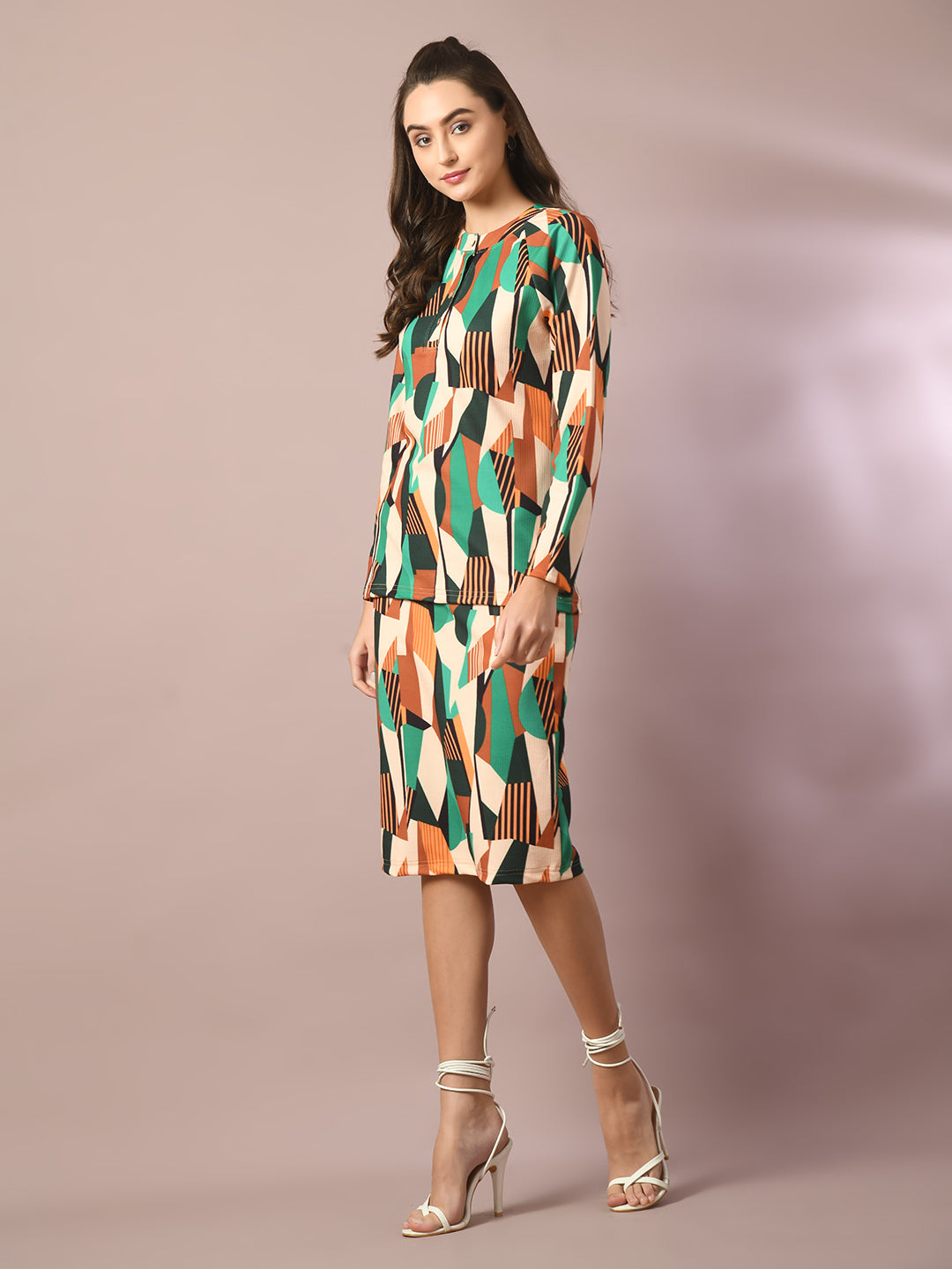 Women's  Multi Printed Round Neck Party Top With Skirt Co-Ord Set