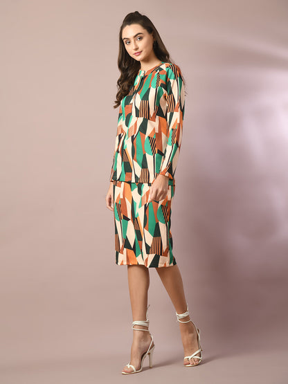 Women's  Multi Printed Round Neck Party Top With Skirt Co-Ord Set