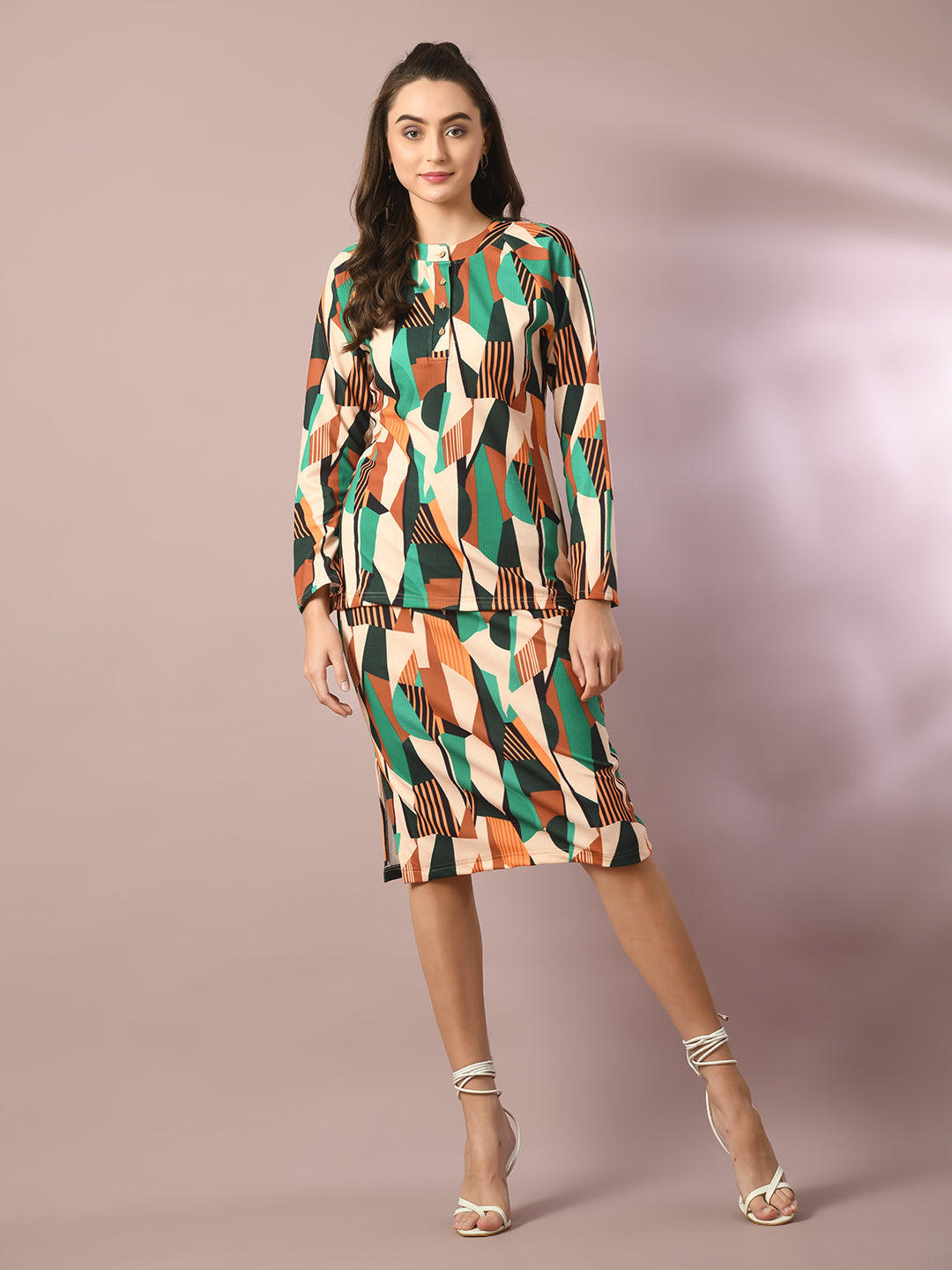 Women's  Multi Printed Round Neck Party Top With Skirt Co-Ord Set