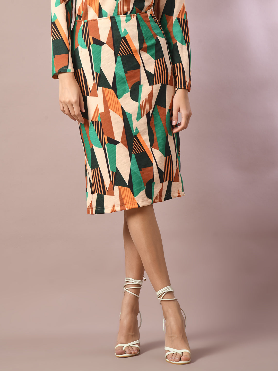 Women's  Multi Printed Round Neck Party Top With Skirt Co-Ord Set