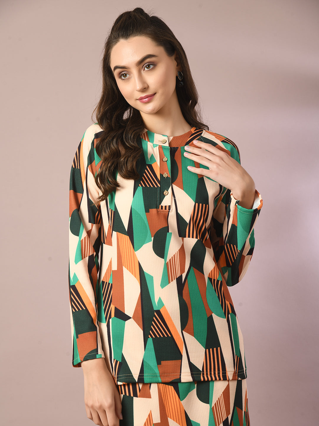 Women's  Multi Printed Round Neck Party Top With Skirt Co-Ord Set
