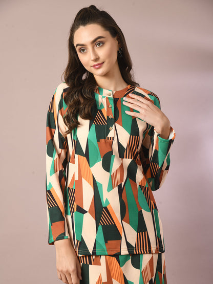 Women's  Multi Printed Round Neck Party Top With Skirt Co-Ord Set