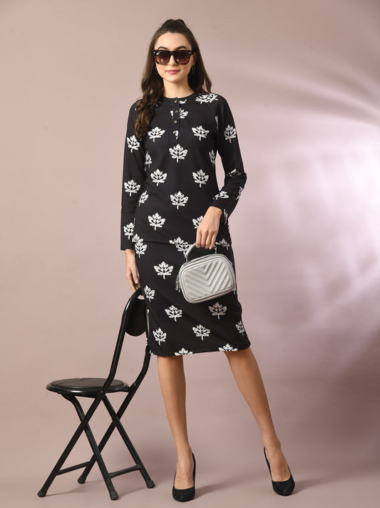 Women's  Black Printed Round Neck Party Top With Skirt Co-Ord Set