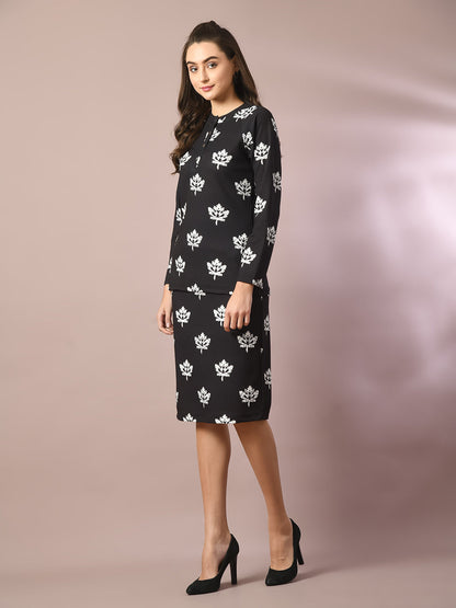 Women's  Black Printed Round Neck Party Top With Skirt Co-Ord Set
