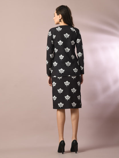 Women's  Black Printed Round Neck Party Top With Skirt Co-Ord Set