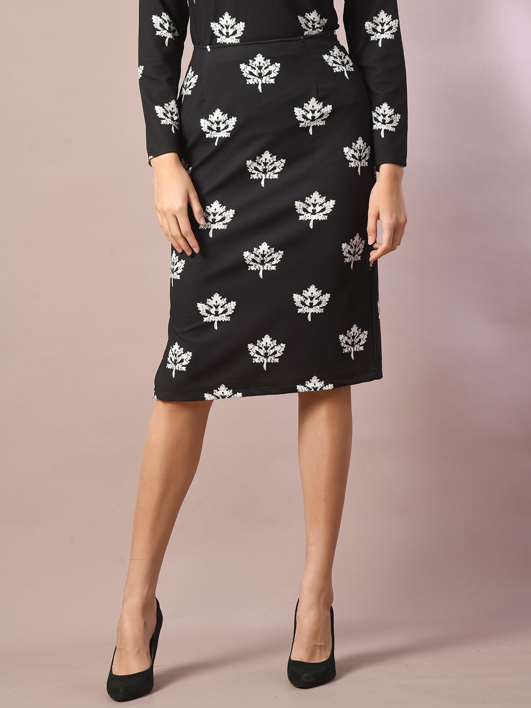 Women's  Black Printed Round Neck Party Top With Skirt Co-Ord Set