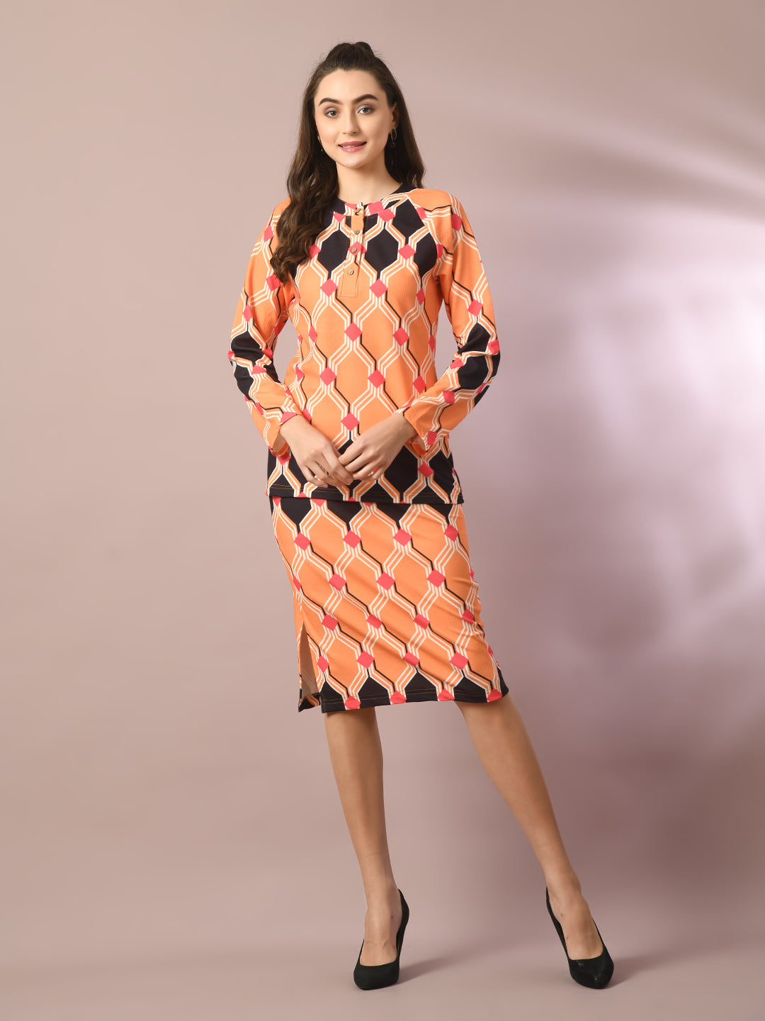 Women's  Multi Printed Round Neck Party Top With Skirt Co-Ord Set
