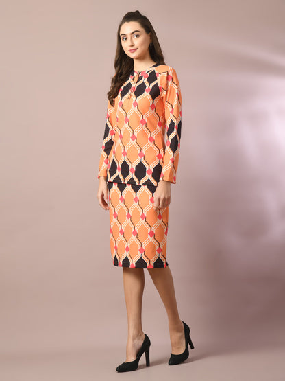 Women's  Multi Printed Round Neck Party Top With Skirt Co-Ord Set