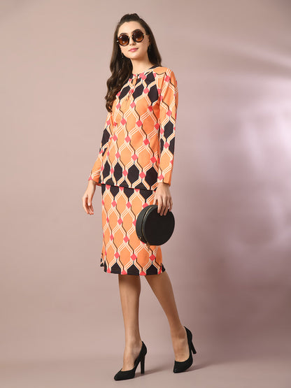 Women's  Multi Printed Round Neck Party Top With Skirt Co-Ord Set