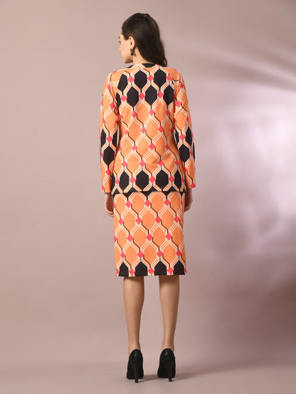 Women's  Multi Printed Round Neck Party Top With Skirt Co-Ord Set