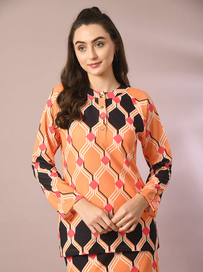 Women's  Multi Printed Round Neck Party Top With Skirt Co-Ord Set