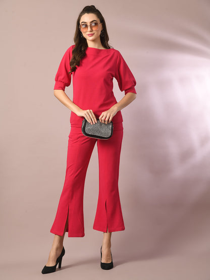 Women's  Pink Solid Boat Neck Party Top With Trousers Co-Ord Set