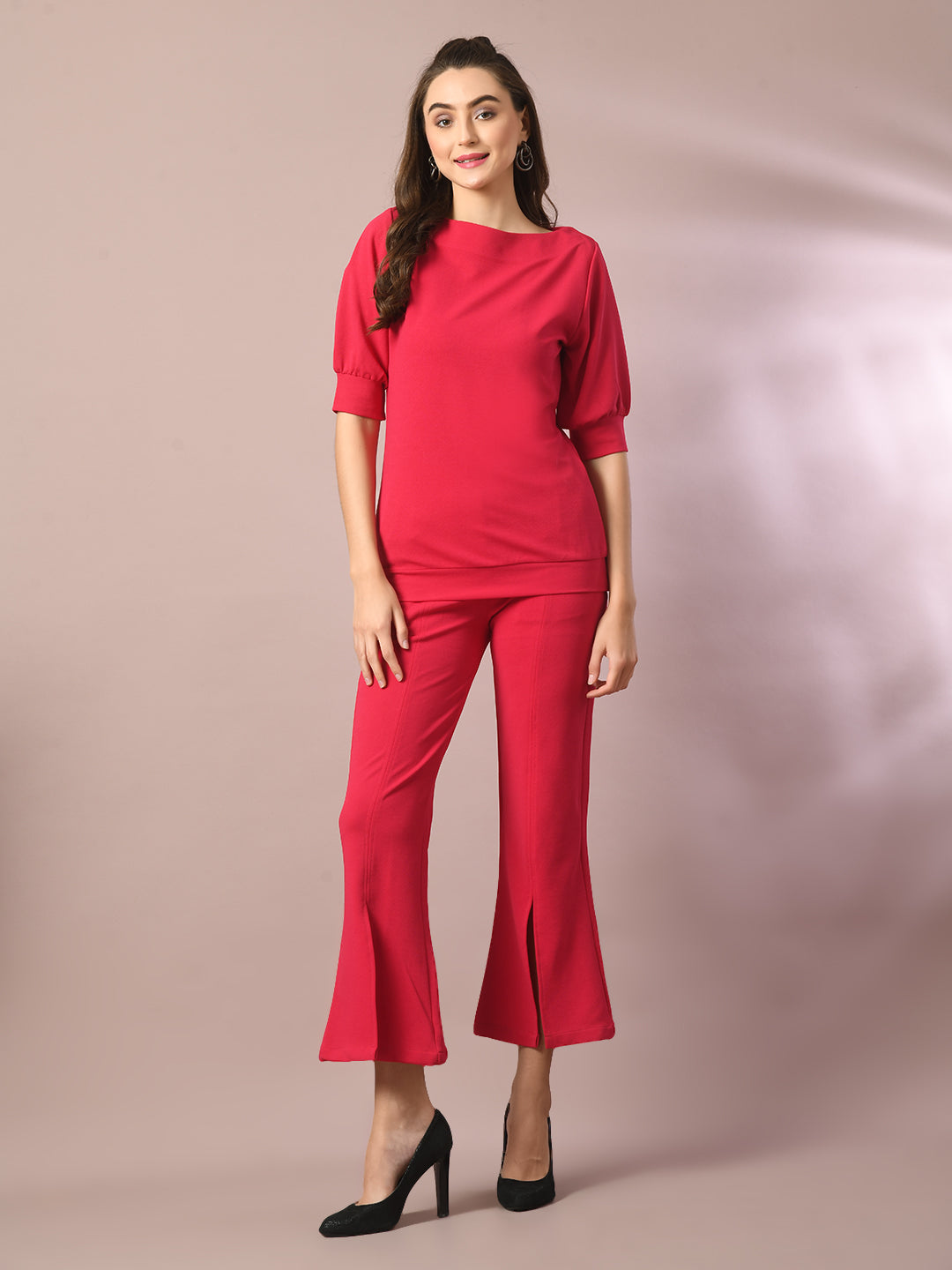 Women's  Pink Solid Boat Neck Party Top With Trousers Co-Ord Set