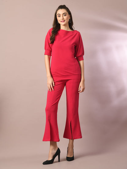 Women's  Pink Solid Boat Neck Party Top With Trousers Co-Ord Set
