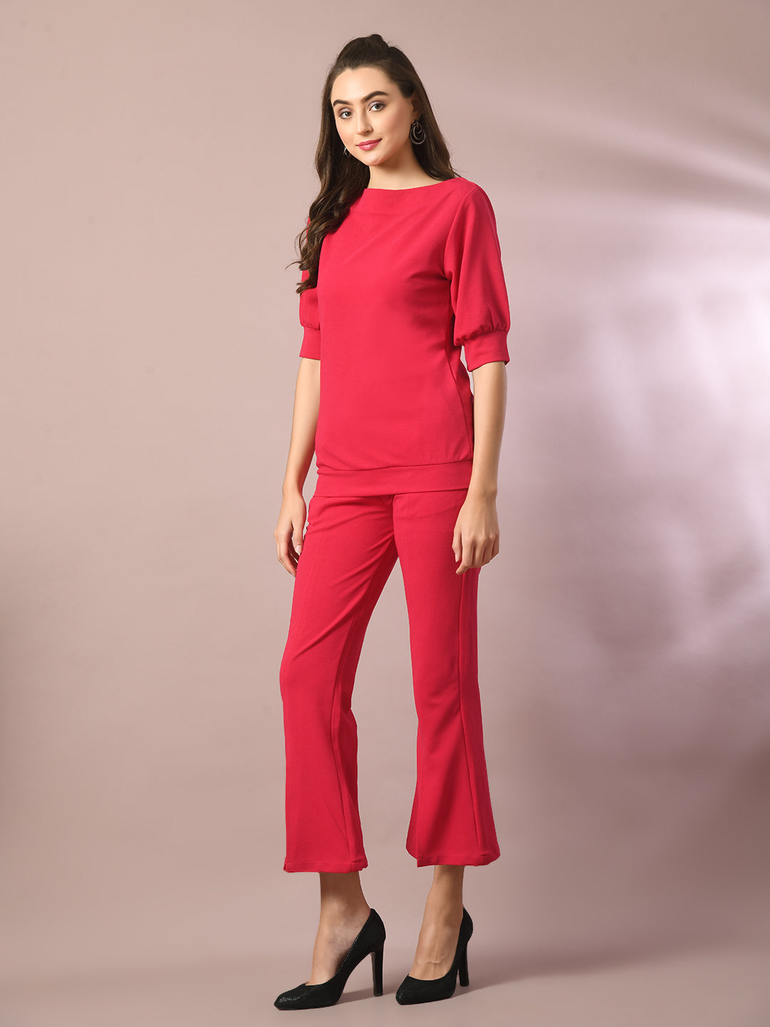 Women's  Pink Solid Boat Neck Party Top With Trousers Co-Ord Set