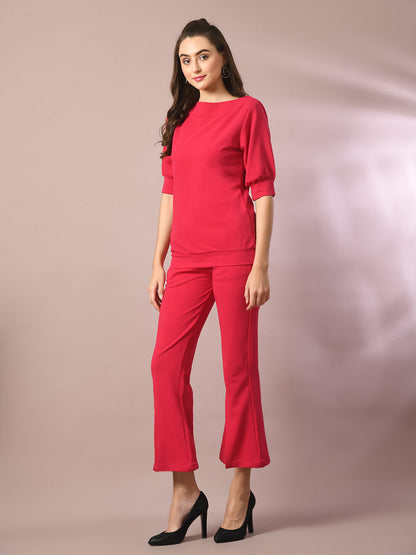 Women's  Pink Solid Boat Neck Party Top With Trousers Co-Ord Set
