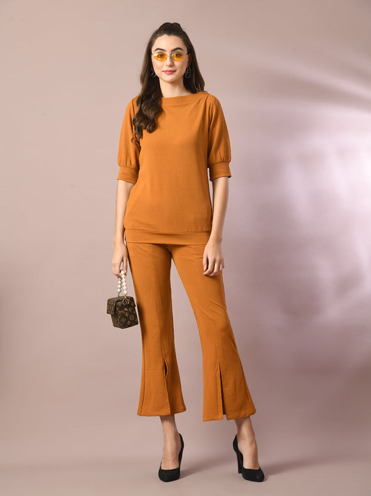 Women's  Mustard Solid Boat Neck Party Top With Trousers Co-Ord Set